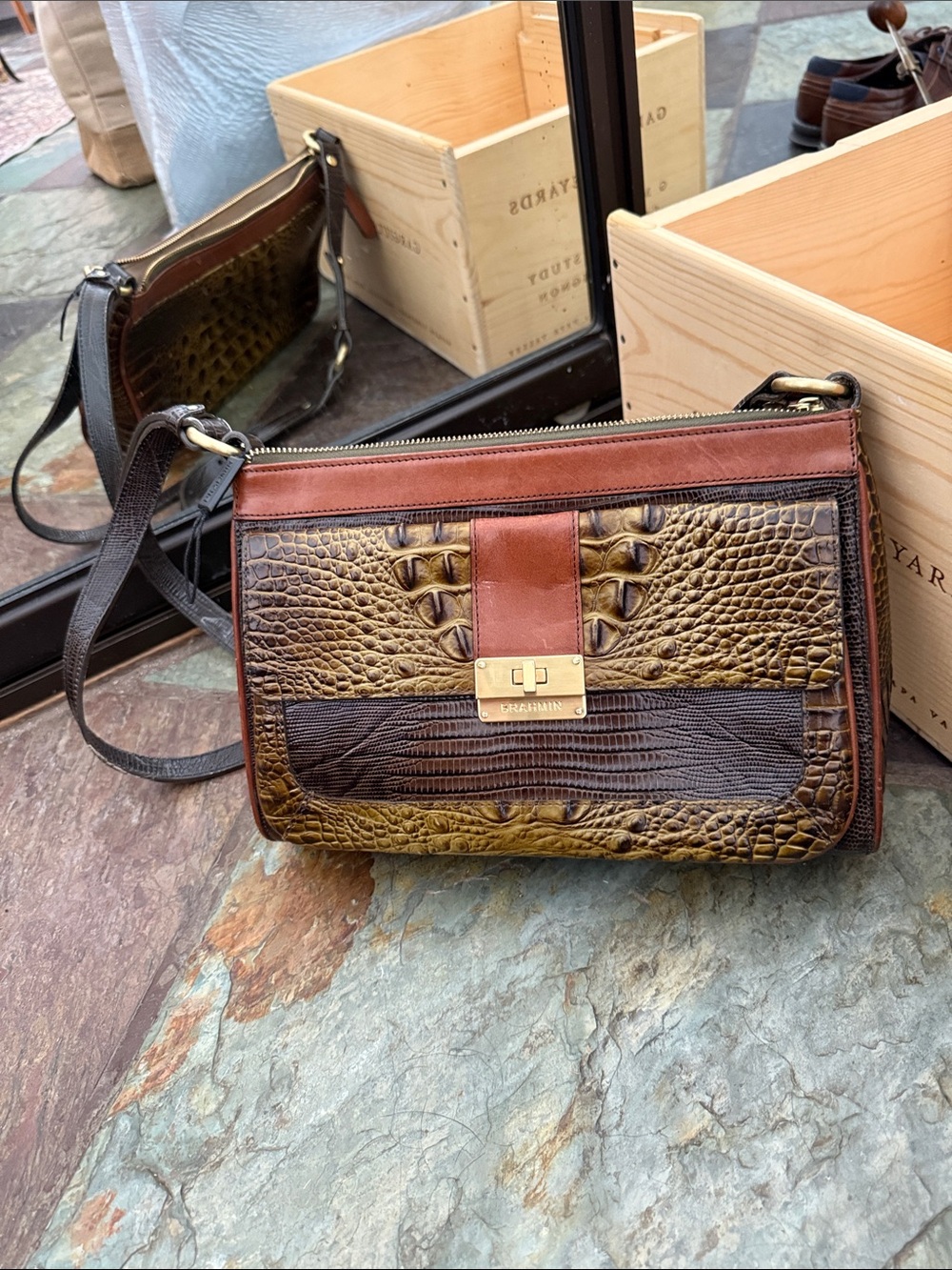 Brahmin shoulder bag / green and brown Croc-Embossed Leather